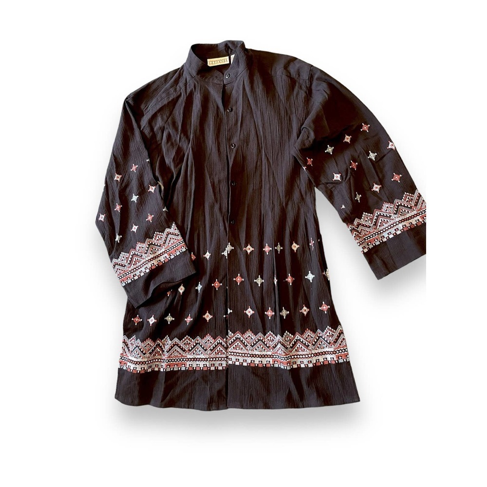 VTG Exterior Aztec Boho Embroidered Open Sides Midi Tunic Women's Black S